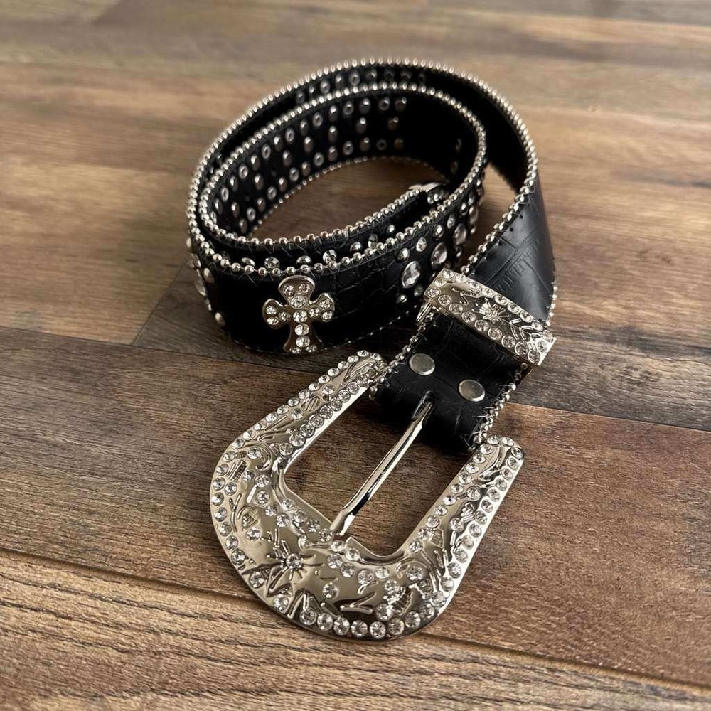 Y2K Rhinestone Studded Cross Gothic Western Belt Womens Small Black - Picture 2 of 9